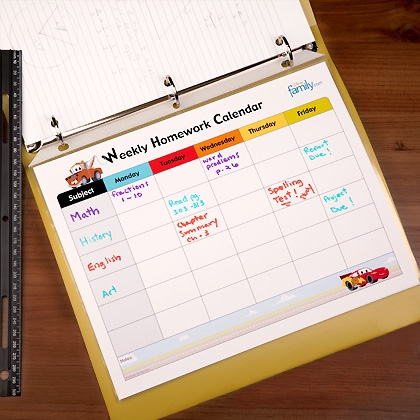 weekly homework calendar