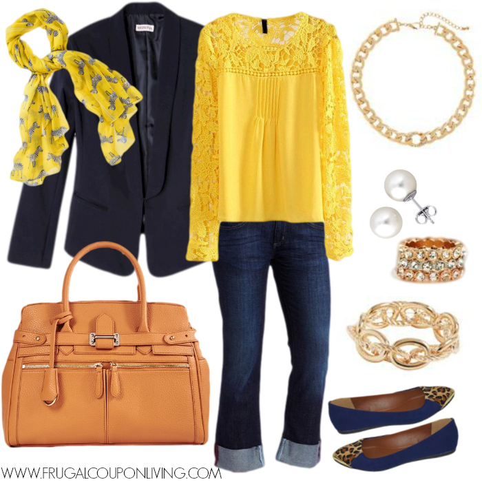 Frugal Fashion Friday Navy and Gold Outfit - Polyvore Concept