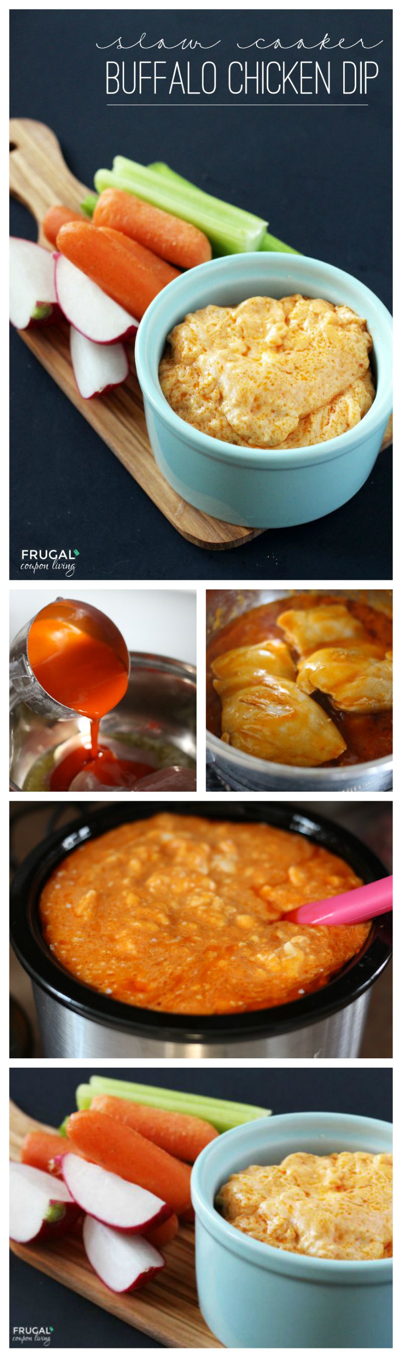 Slow Cooker Buffalo Chicken Dip on Frugal Coupon Living Collage 800