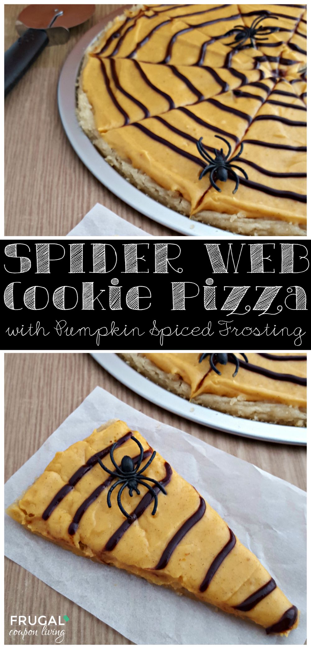 Spider Web Cookie Pizza Recipe Collage on Frugal Coupon Living