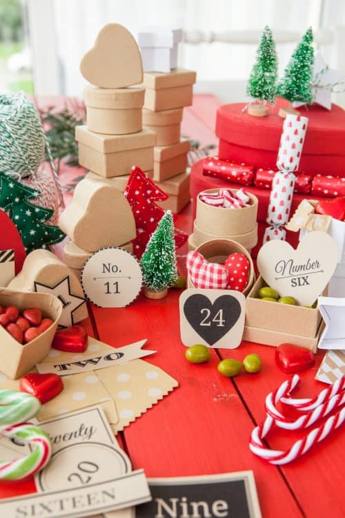 Advent Calendar Boxes filled with Candy Hearts Squares Stars