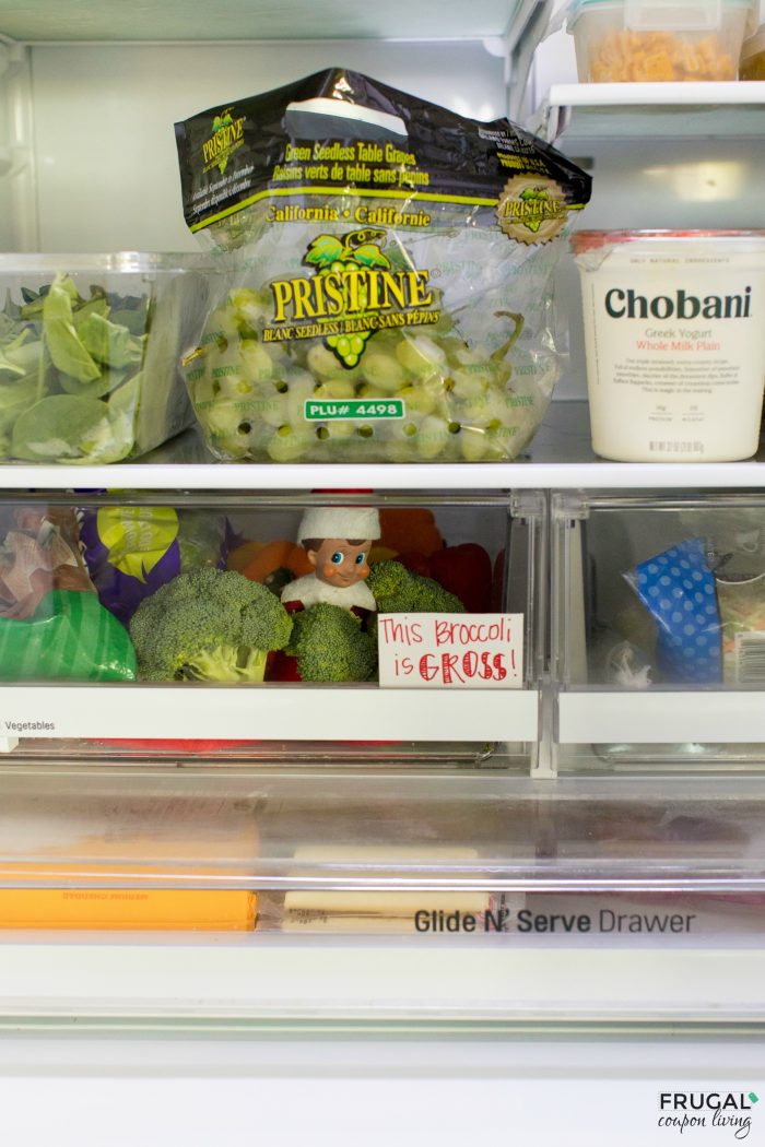 Elf on the Shelf Idea in the refrigerator with broccoli