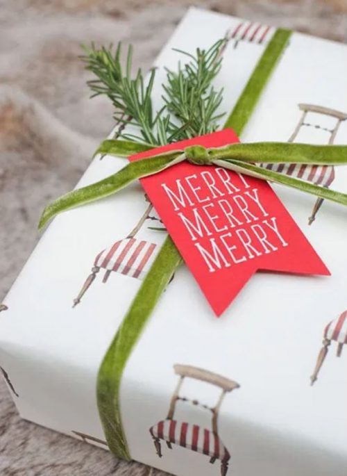 Christmas Gift Wrap with Rosemary Twig and Velvet Ribbon