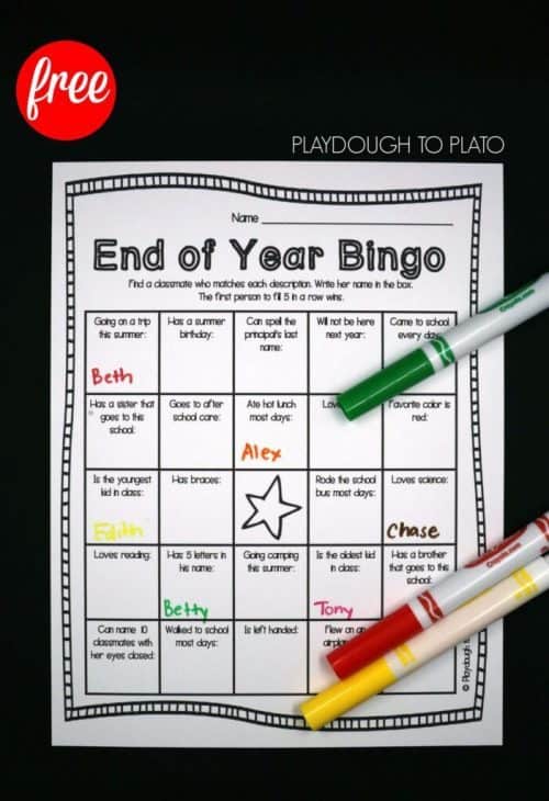 End of the Year School Bingo Game