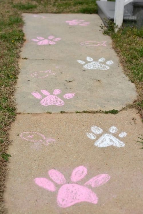 Sidewalk Chalk Art with paw prints - Cat Party Ideas