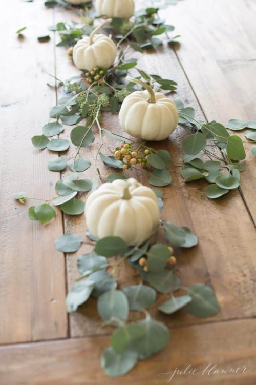 Pumpkin eucalyptus garland table runner for Thanksgiving