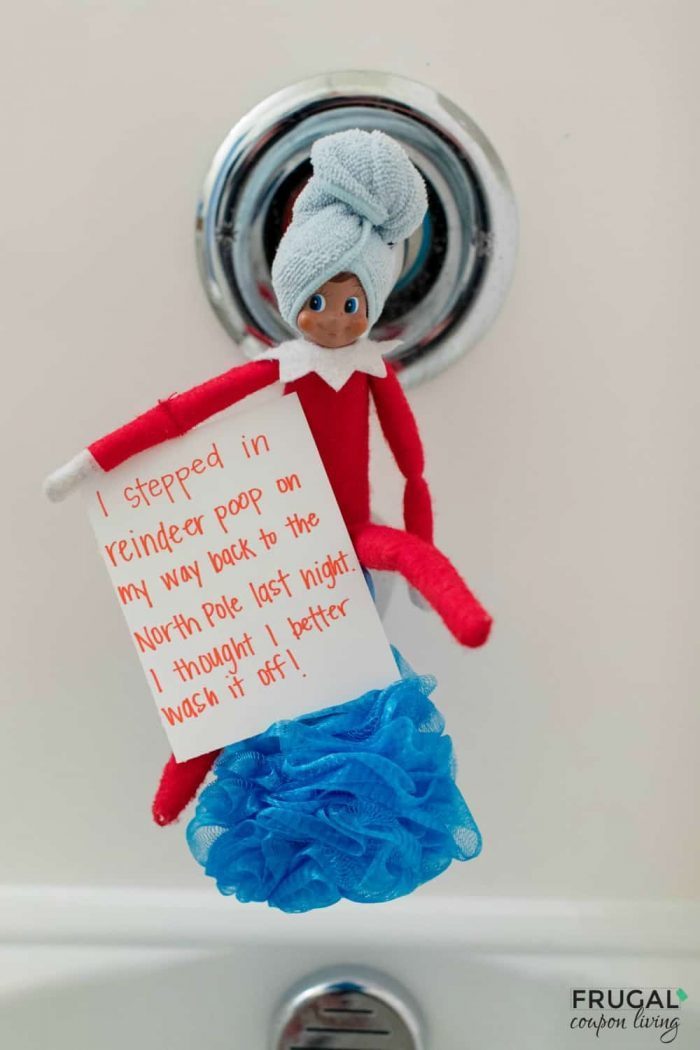 Elf on the Shelf in the Bath after stepping on reindeer poop.