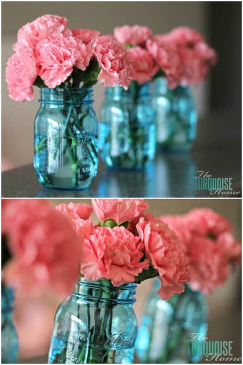 Blue Mason Jars with Pink Flowers