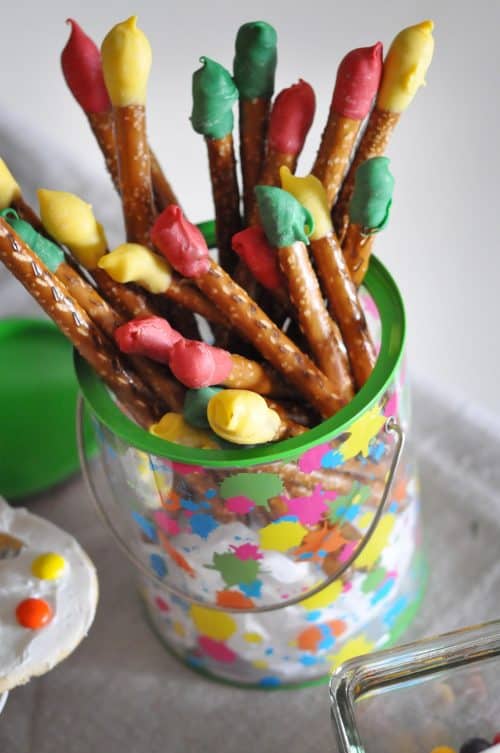 Art Birthday Party Ideas | Pretzel Rod Paint Brushes