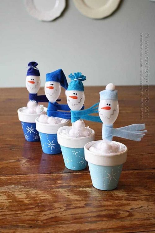 Plastic Spoon Snowmen + Clay Pot Christmas Decor