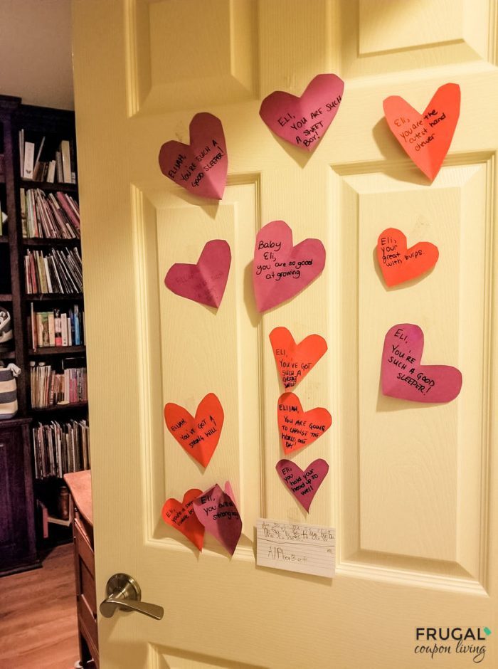 Valentine family tradition with red and purple hearts on a bedroom door