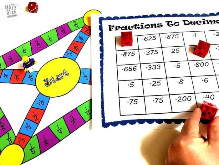 fractions and decimals math board game printable