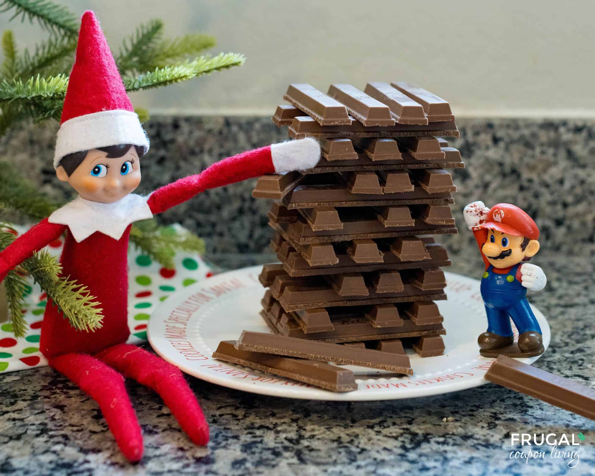 make a jenga tower with kit kats and the elf on the shelf